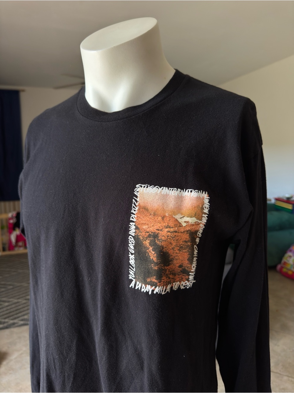 Stussy Black Long-Sleeve Tee with Orange Desert Graphic